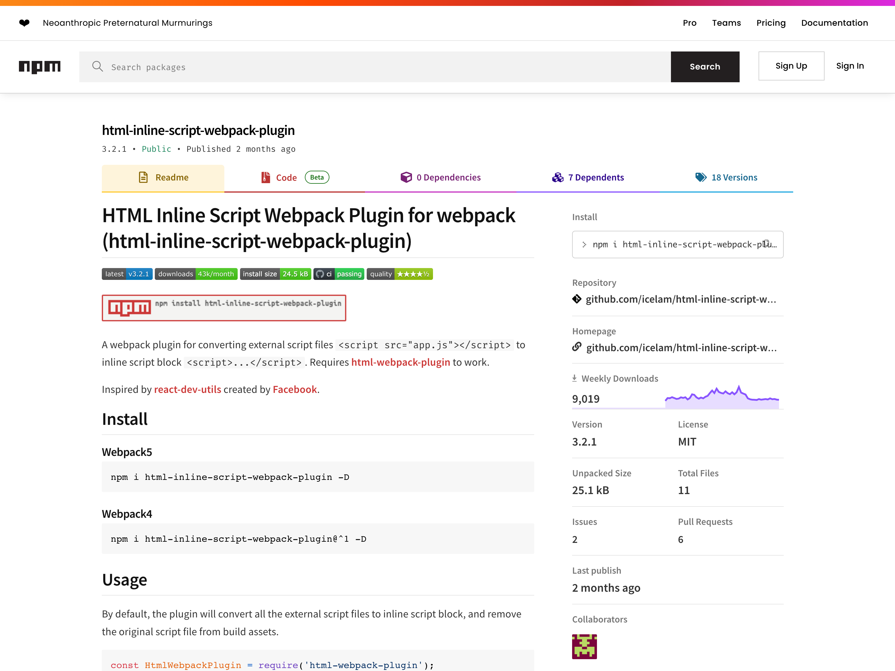 Screenshot of HTML Inline Script Webpack Plugin npm page